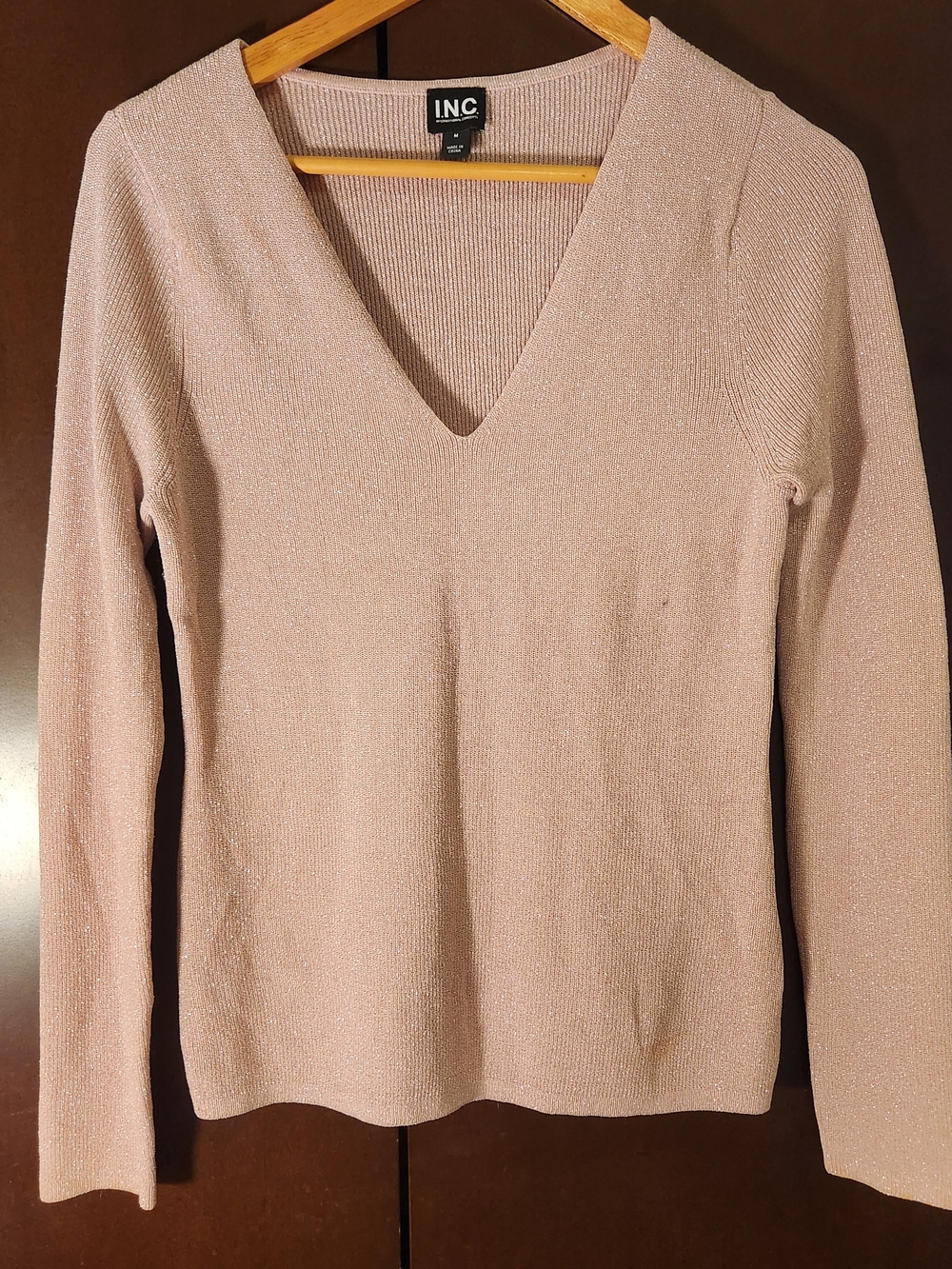INC International Concepts Shimmery Blush Pink V-Neck Sweater Women Size Medium
